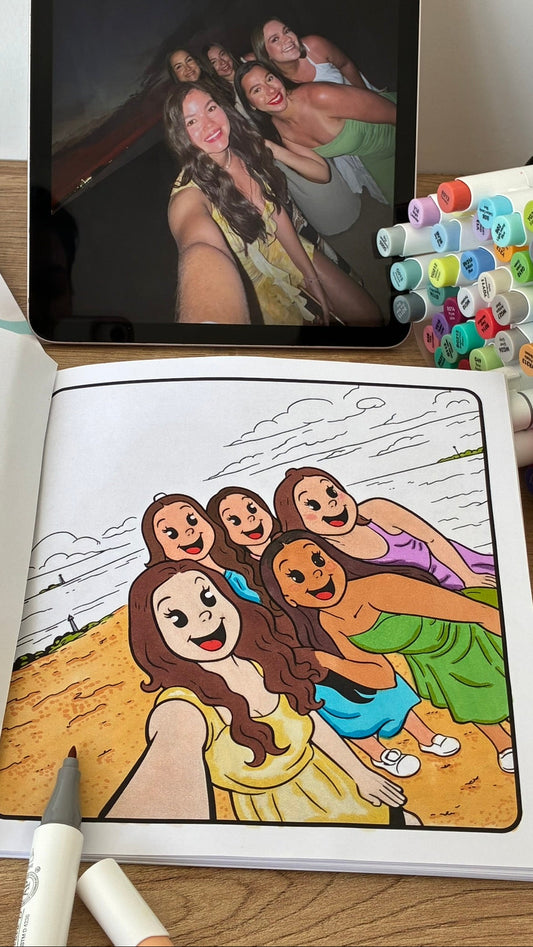 Coloring book with a drawing of a group of people on a beach, next to a photo of the same group.