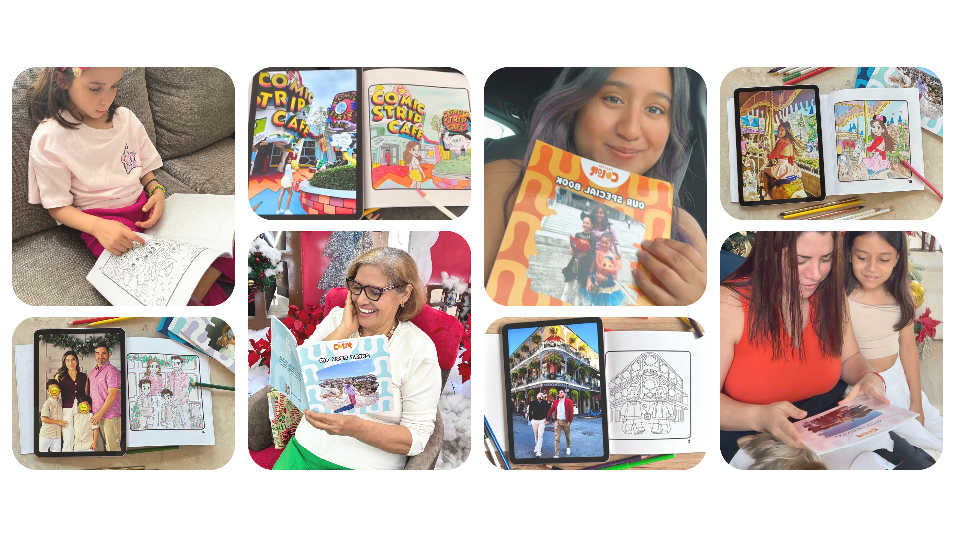 Collage of people using educational apps on tablets and phones and personalized coloring books from their photos.