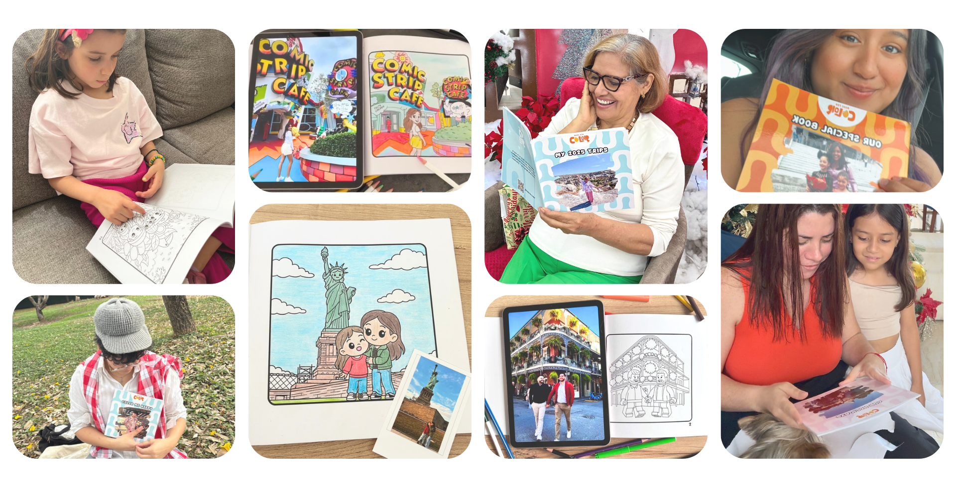 Collage of children using educational apps on tablets and books.